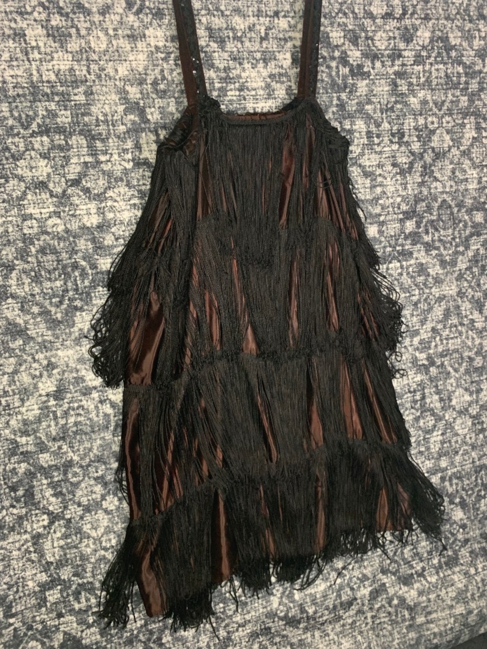 Handmade Vintage 1980s Faded Black Satin Tiered Fringe Flapper Dress Costume